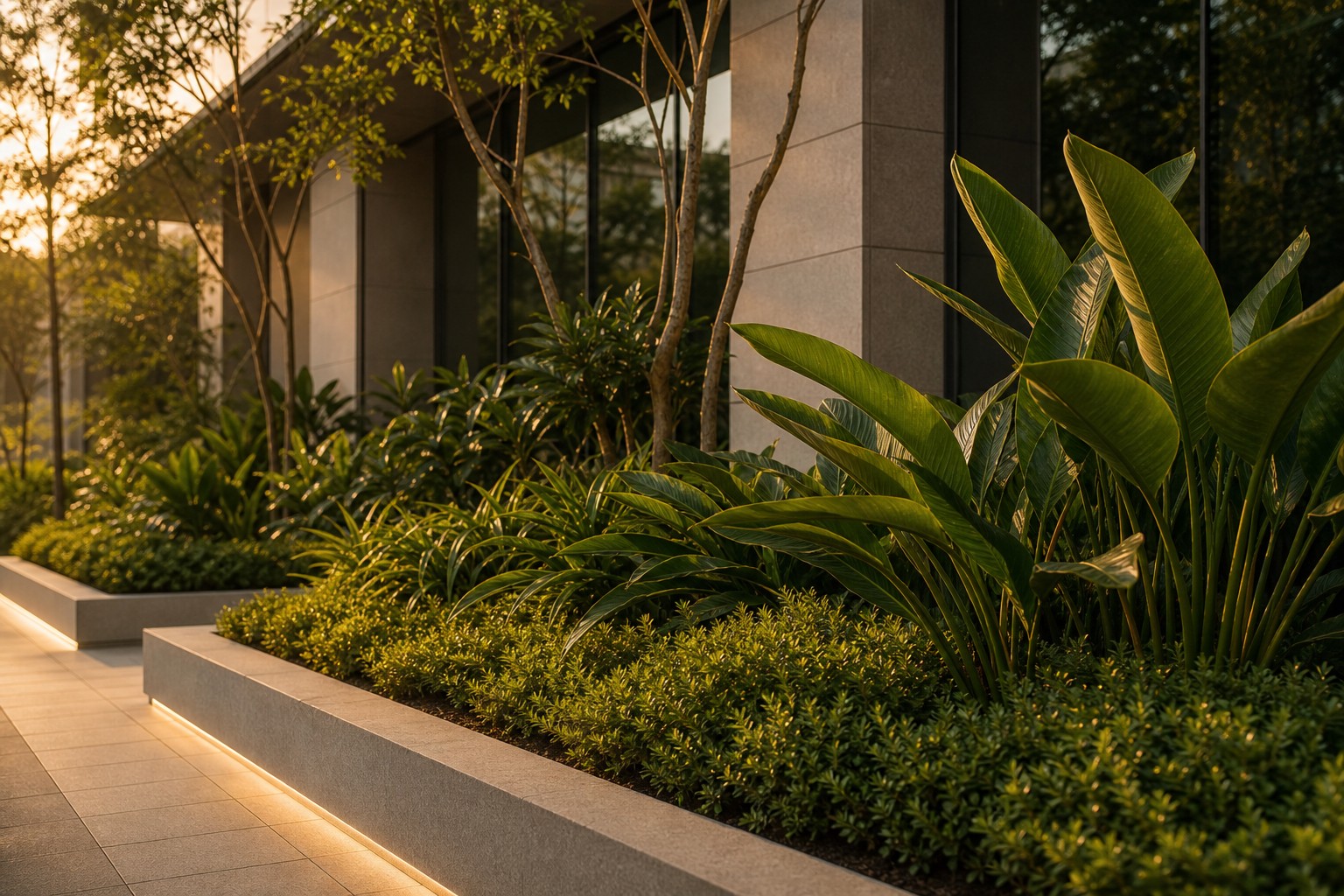 Paisagismo corporativo elegante com vegetação bem cuidada junto a linhas arquitetônicas modernas