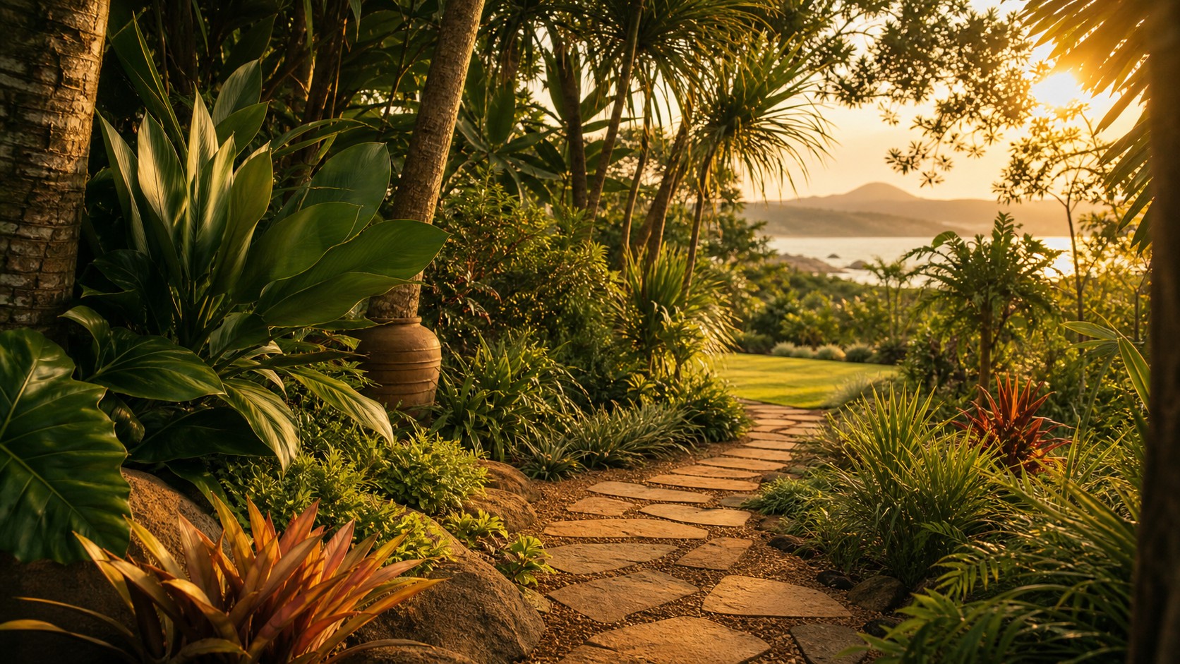 Jardim tropical bem cuidado no Sul da Ilha ao pôr do sol