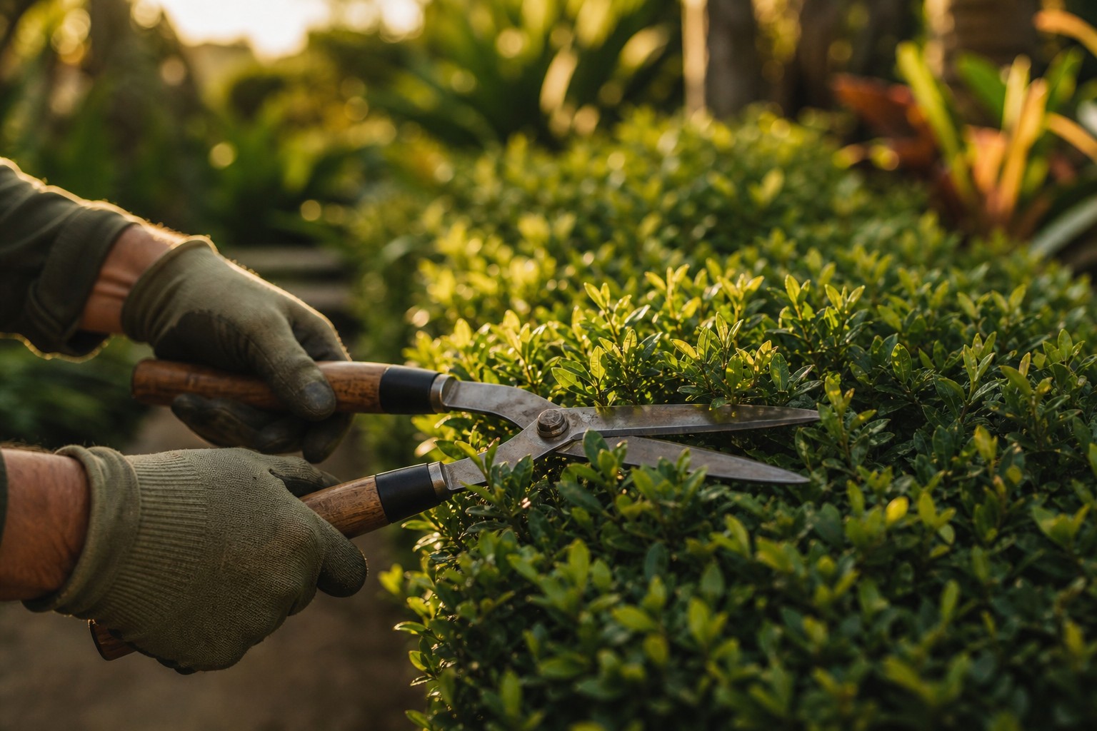 Manutenção profissional de jardim com folhagens saudáveis em luz natural dourada