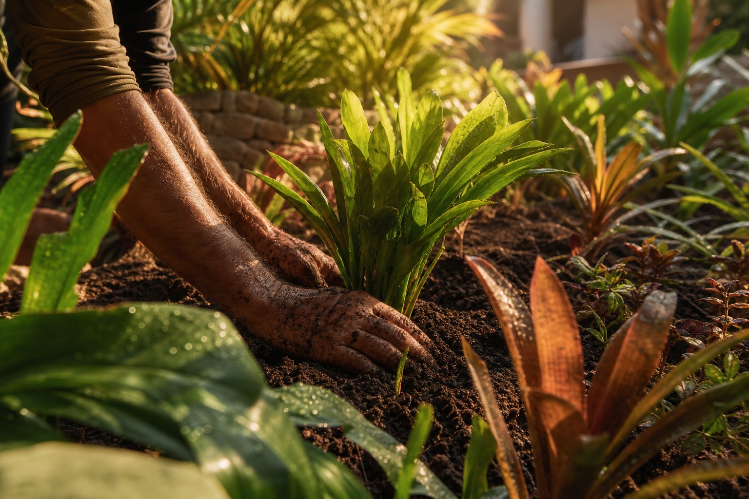 Canteiro revitalizado com solo fértil, plantas novas e folhas com gotas de água