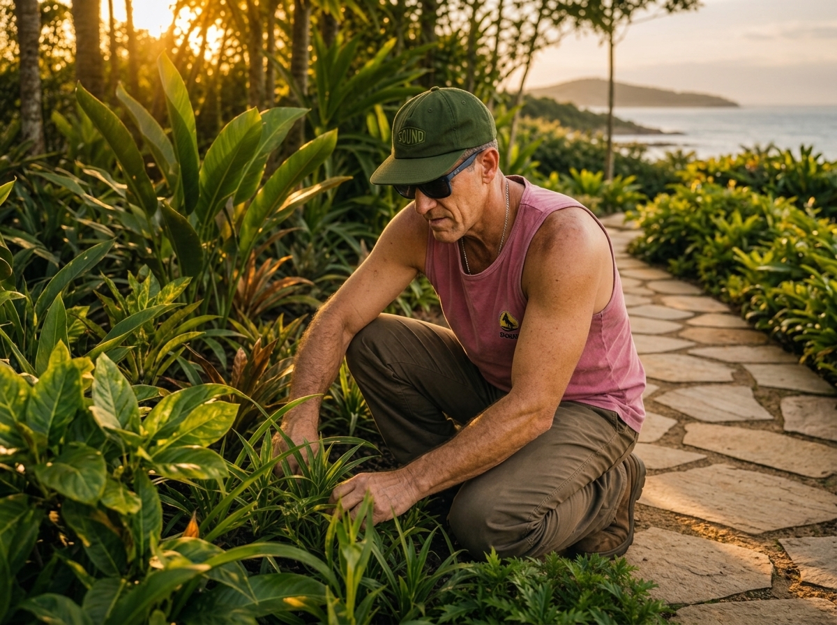 Profissional paisagista cuidando de plantas em jardim residencial no Sul da Ilha